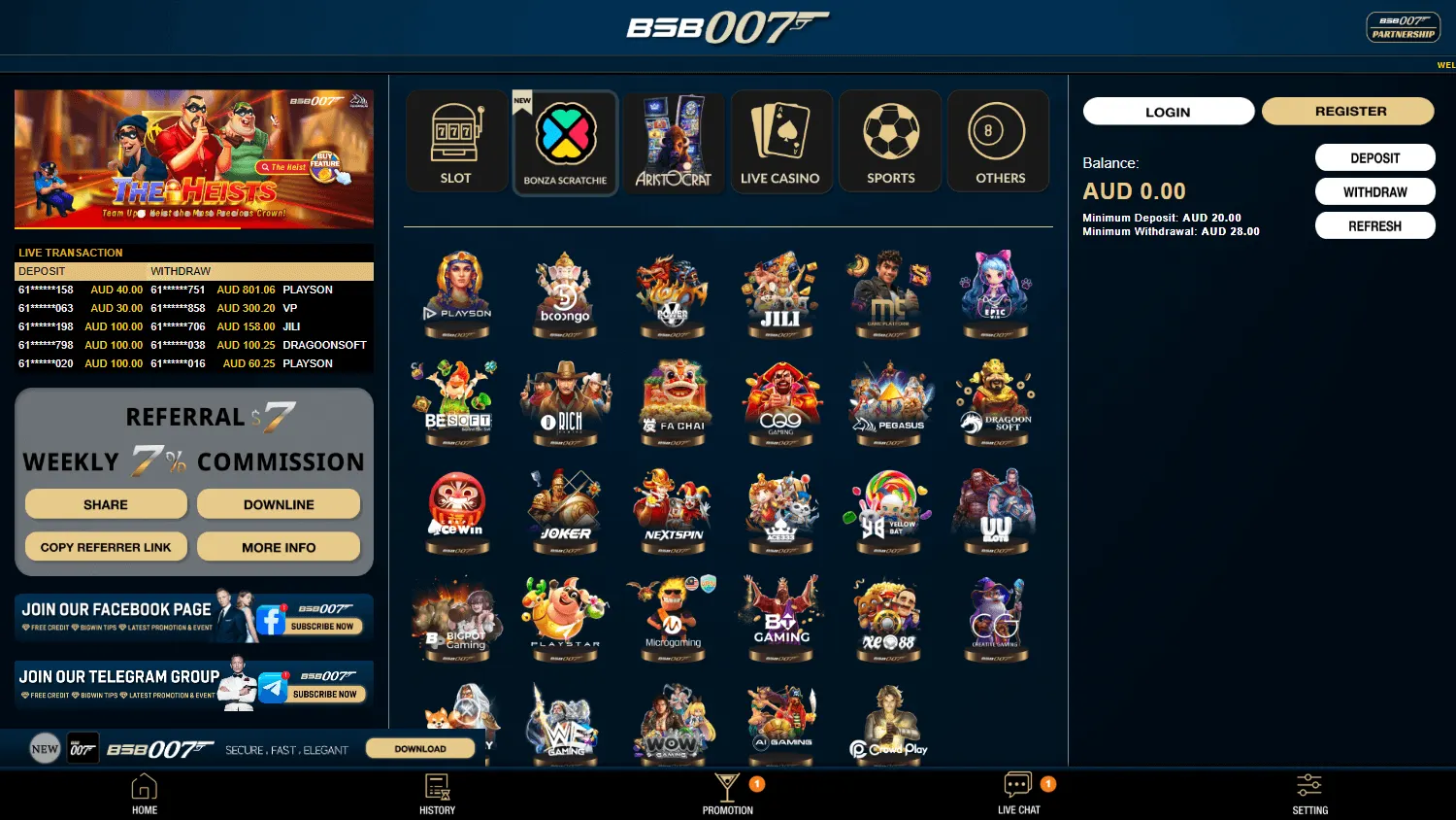 Bsb 007 Casino home interface on a desktop computer
