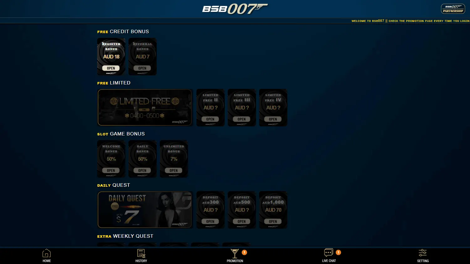 Bsb 007 Casino promotions interface on a desktop computer
