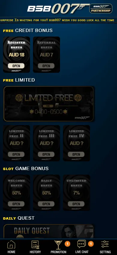Bsb 007 Casino promotions interface on a mobile phone