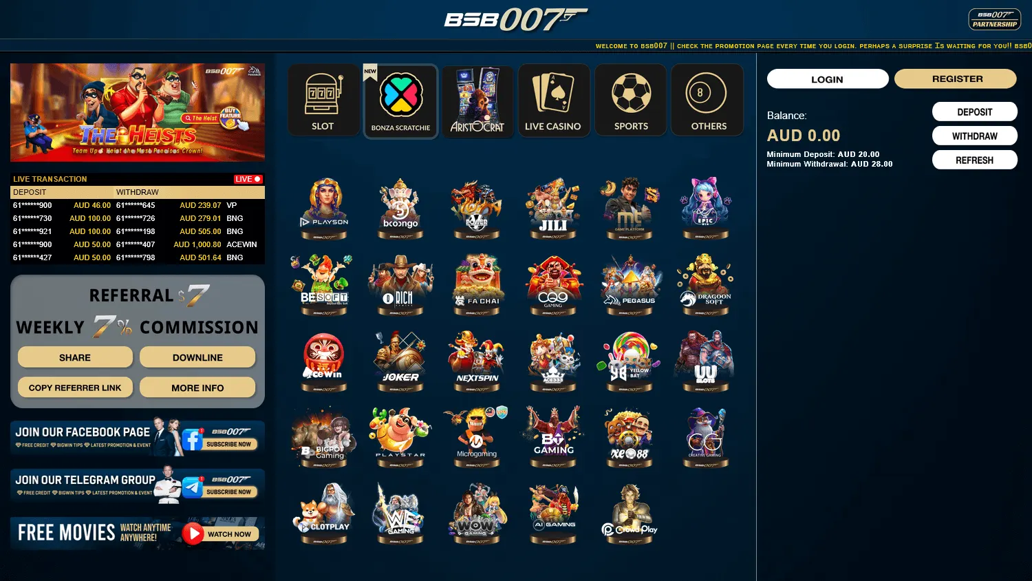 Bsb 007 Casino games interface on a desktop computer