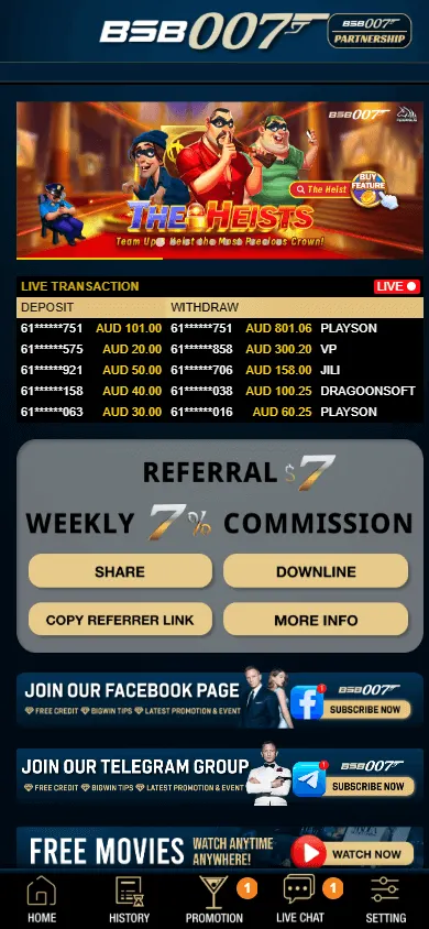 Bsb 007 Casino home interface on a mobile phone